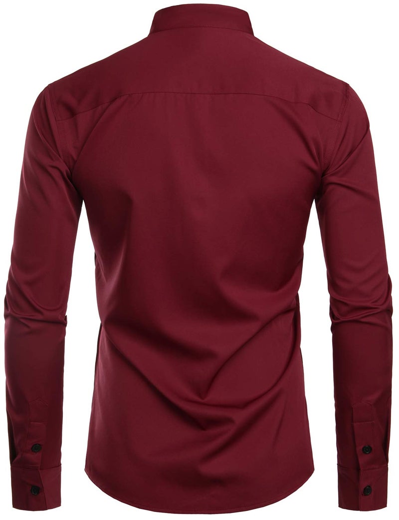 ZEROYAA Mens Hipster Solid Slim Fit Long Sleeve Mandarin Collar Dress Shirts ZLCL08 Burgundy Small - Image 2